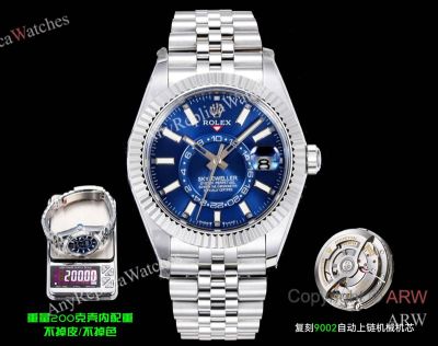 High Quality Replica ROLEX SKY-DWELLER Silver 316L Oyster Three/Five-Bead Stainless Steel Strap Dark Blue Enamel Radiant Sunburst Face Dial Silver Case Watch 42mm